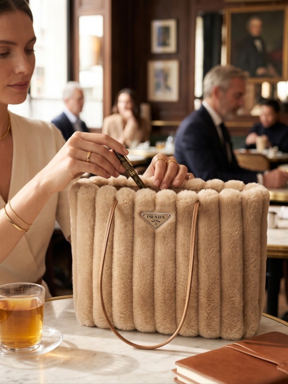 Prada Tan Faux-Fur Quilted Tote Bag